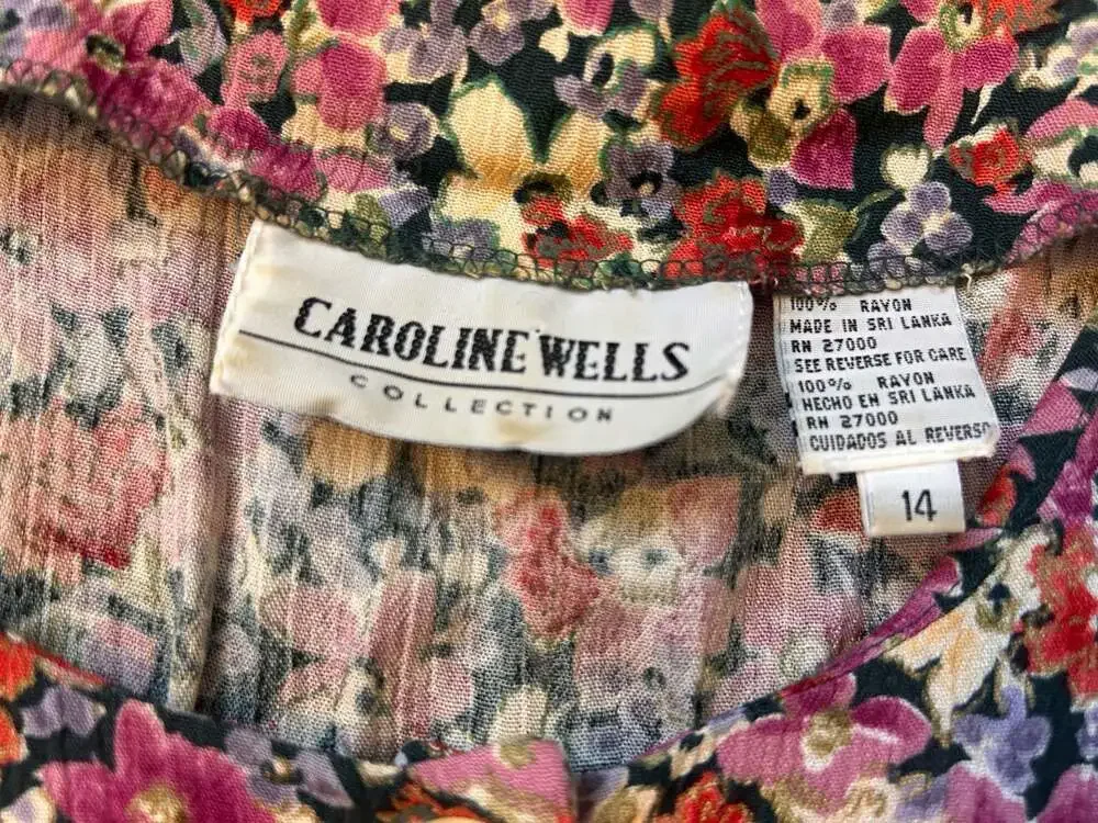 Caroline Wells Collection Vintage 90s Floral Crinkle Rayon Midi Dress Grunge